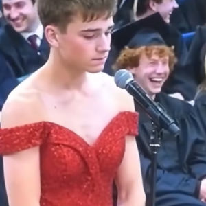 On graduation night, my son walked into the auditorium wearing a flowing red dress. Laughter echoed through the room—but his next words left everyone speechless.